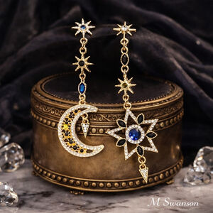 Celestial Star Moon Earrings Gold Faux Sapphire